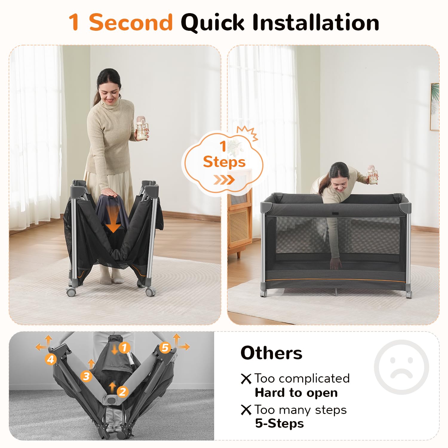 Pamo Babe 6-in-1 Pack and Play with Bassinet, Deluxe One-Step Setup Baby Bassinet with Changing Table, Sleeper Nest, Storage Bag, 4 Wheels Portable Crib Travel Playpen for Baby and Toddler (Gery)