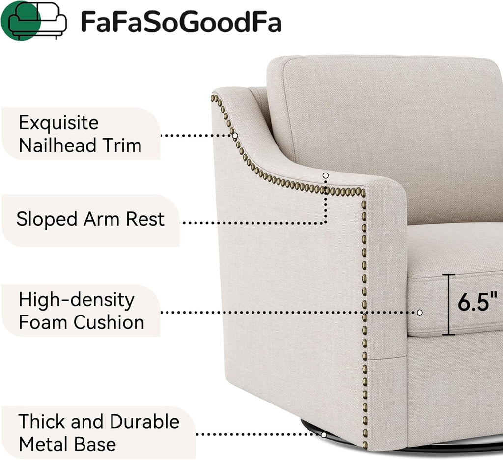 Swivel Accent Chair Set of 2, Modern Comfy Linen Upholstered Barrel Armchair with Nailhead Decor and Metal Base, Soft Oversized Round Chair for Living Room, Bedroom, Club (2, Beige)