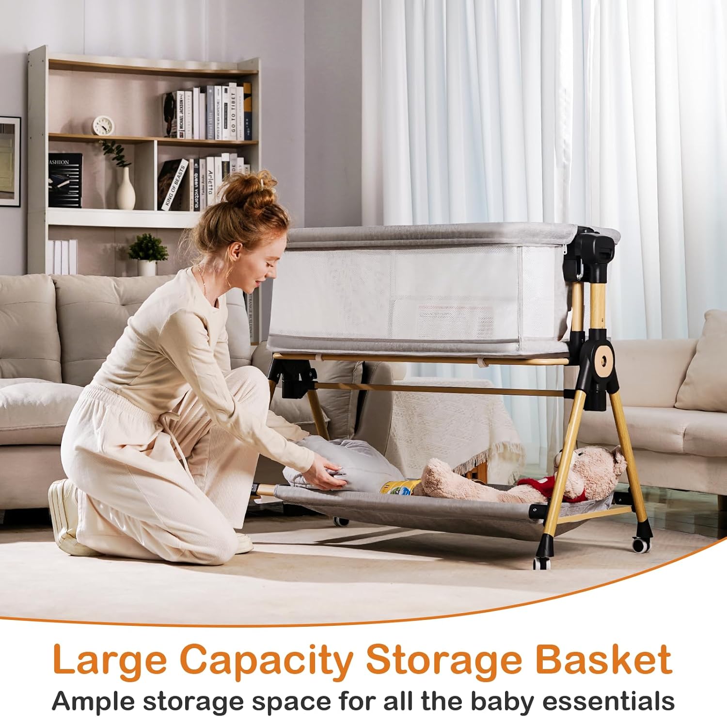 3 in 1 Baby Bassinet,Bedside/Rocking Bassinet for Baby,Bedside Crib with Lockable Wheels,Waterproof Mattress,Adjustable 6 Heights,Portable Bassinets Bedside Sleeper for Newborn Infant