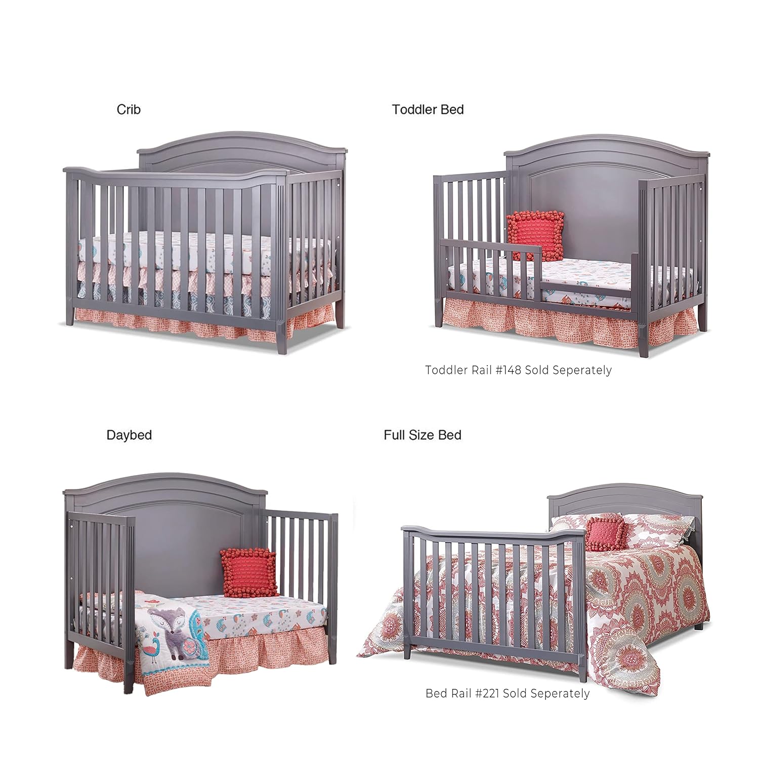 Sorelle Furniture Berkley Round Top Crib, Classic 4-in-1 Convertible Crib, Made of Wood, Non-Toxic Finish, Wooden Baby Bed, Toddler Bed, Child's Daybed and Full-Size Bed, Nursery Furniture-Gray